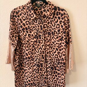 L&B Leopard Print Button Down Shirt with Sequin Sleeves